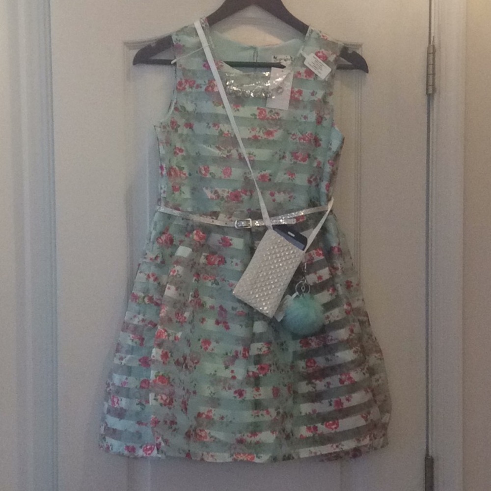 🆕 mint floral dress + necklace + belt + purse - Picture 3 of 8